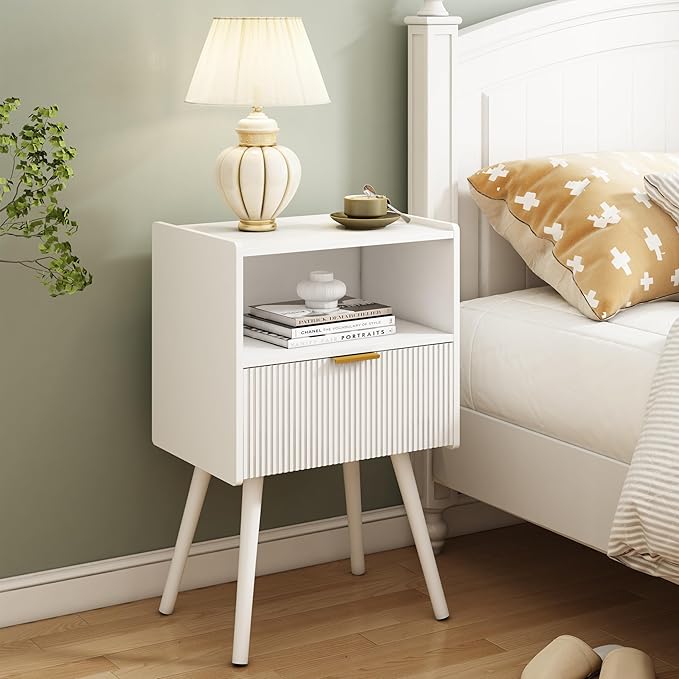 White Nightstand,Modern Bedside Table with Storage Drawer and Open Wood Shelf...