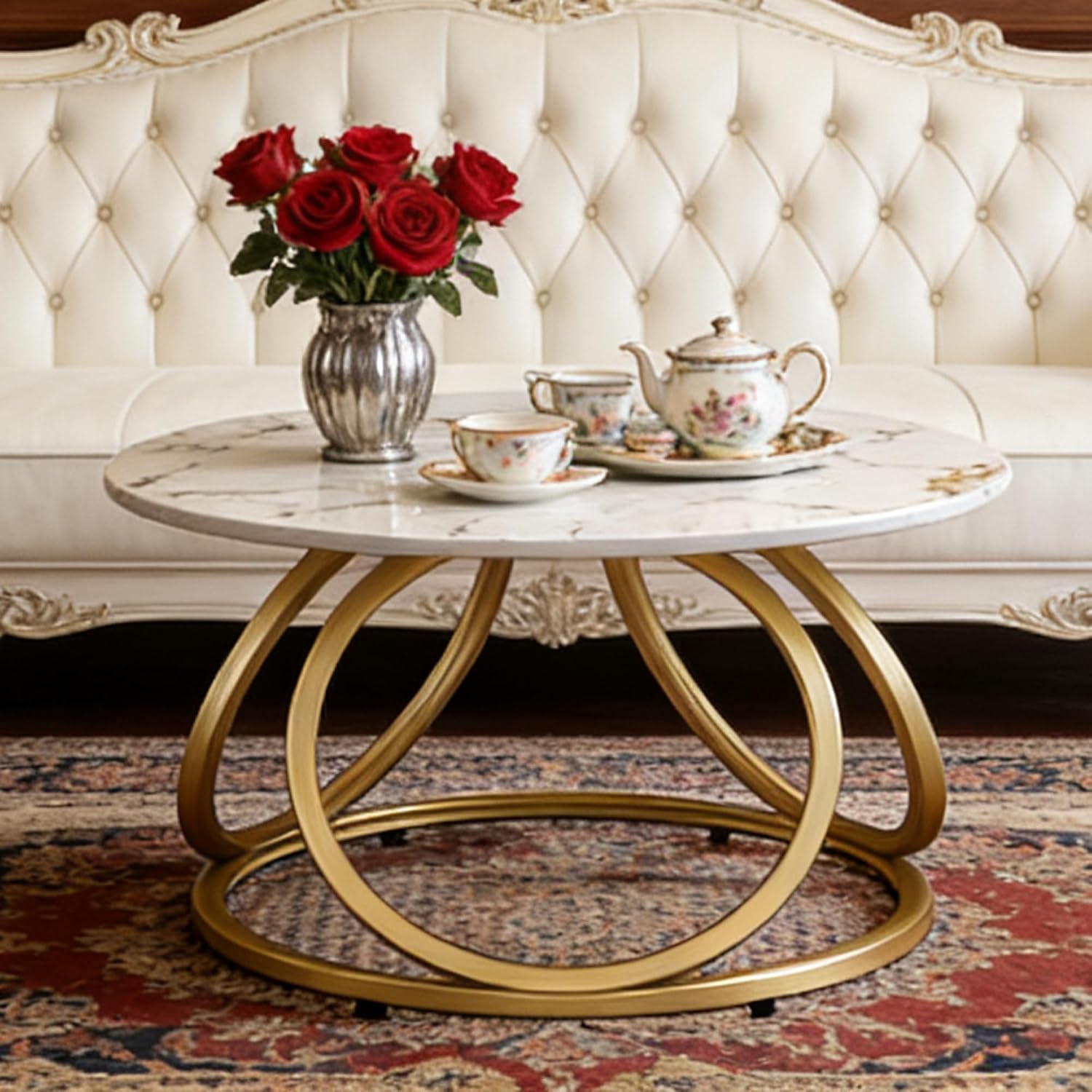 O&K FURNITURE Modern Gold Coffee Table, Faux Marble Pattern Center Table with Sintered Stone Tabletop, Round Coffee Table Living Room & Home Office