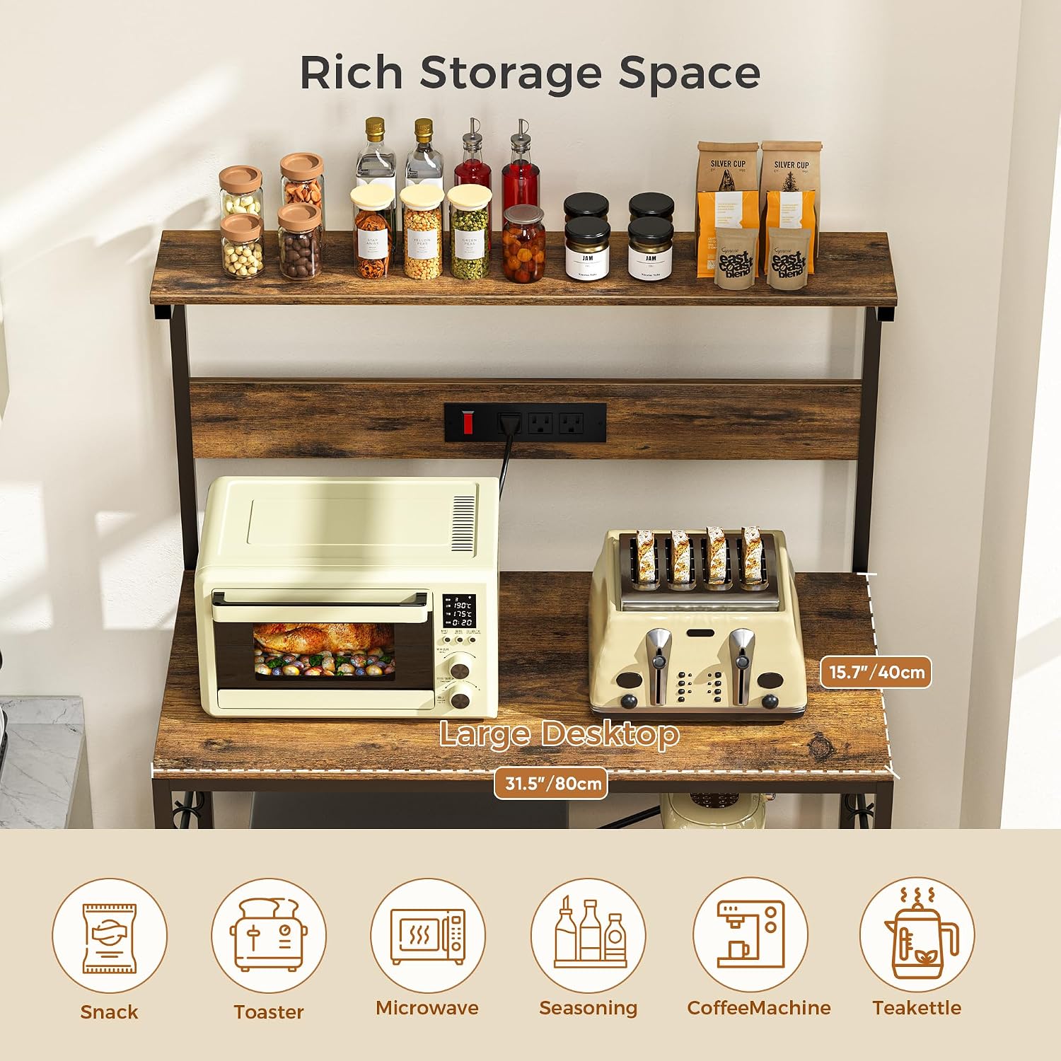 VUSIGN Kitchen Bakers Rack with Power Outlet, 31.5 Inch Coffee Bar Station with 6 S Hooks, 4 Tiers Microwave Stand with Storage, Kitchen Stand for Pots/Pans/Spices, Rustic Brown