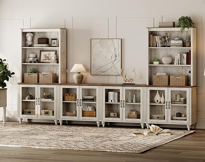 WAMPAT Entertainment Center with Bookshelves for TVs up to 75", Farmhouse Wall Unit TV Stand with Glass Doors, Media Console Table for Living Room, Bedroom & Home Theater, Rustic White