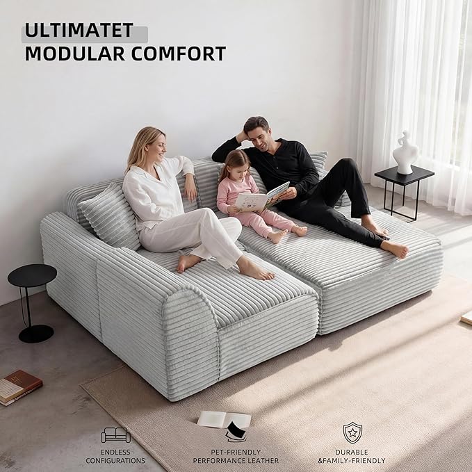 Modular Floor Sofa, Cozy Corduroy Sectional Couch with Fully Washable Covers, Frameless L Shaped Couch for Living Room, Family & Pet Friendly Lounge,No Assembly(Light Gray,Right Facing Chaise)