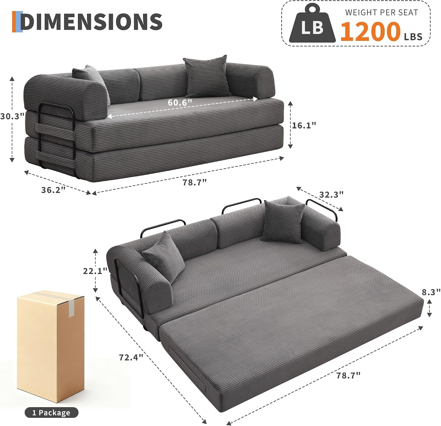 IDEALHOUSE 79" Convertible Futon Sofa Bed, Boneless Couch for Living Room | Folding Corduroy Sleeper Sofa, Modular Pull Out Couch with Pillows, Loveseat,No Assembly | Gray