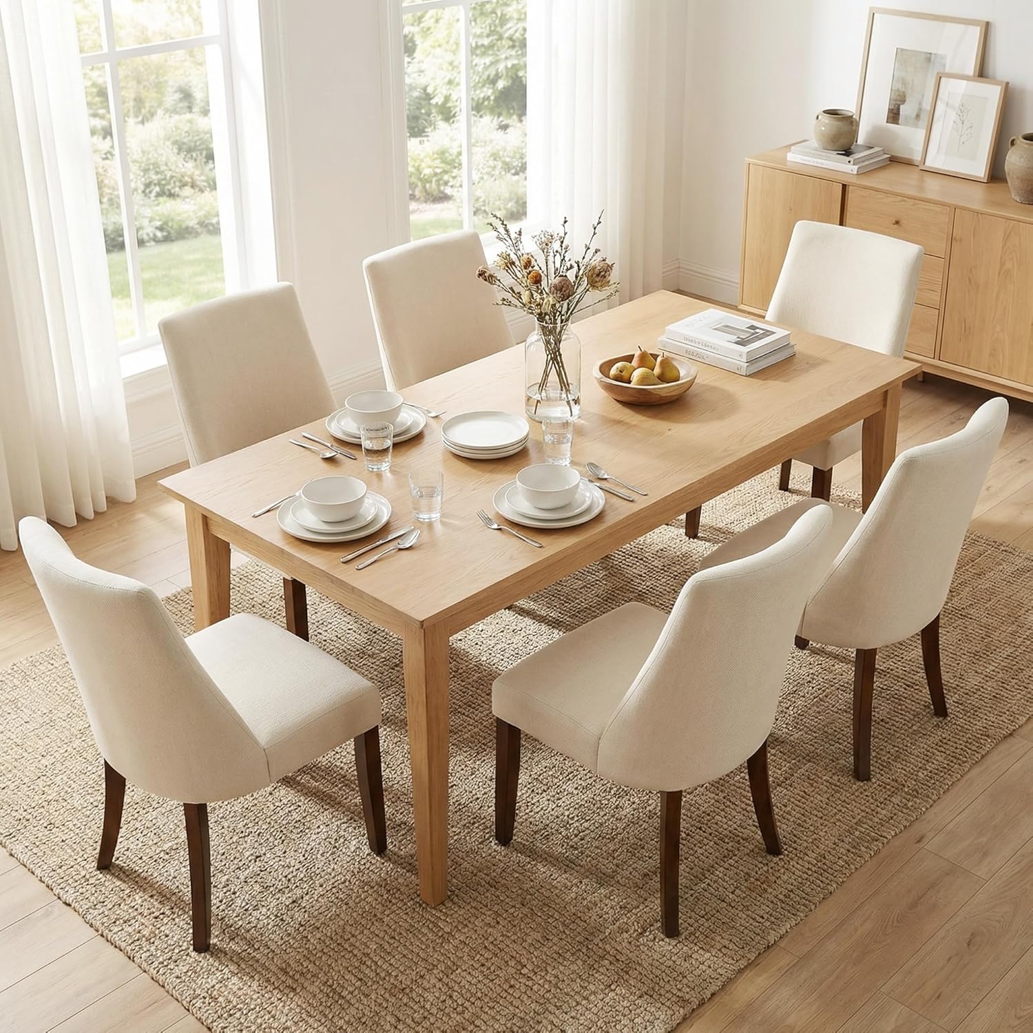 Wooden Dining Chairs Set of 6, Upholstered Farmhouse Fabric Dining Room Chair, Mid Century Kitchen Chair for Restaurant & Cafe, Beige