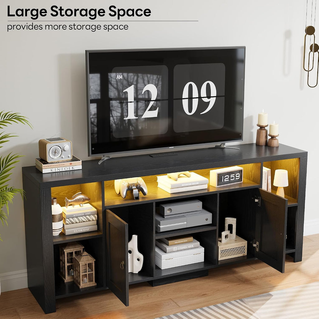 LIKIMIO 70" TV Stand for TVs up to 80", LED Entertainment Center, Black | Built-in Power Outlet, LED Lights, Wood Finish, 2 Storage Cabinets, Adjustable Shelves, TV Console for Living Room