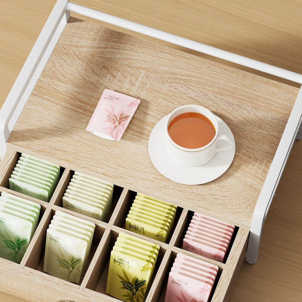 IBUYKE Tea Bag Organizer for Countertop,2 Tier Tea Box Organizer with Drawer,Wood Tea Bag Holder with Metal Frame,Tea Station Organizer for Kitchen Cabinet,Coffee Station,Office,Natural UTCJ004R