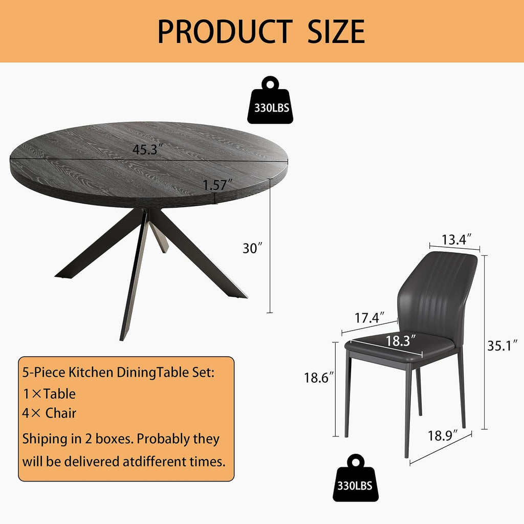Zerifevni 45.3" Round Dining Table Set for 4, Wooden Round Dining Table with Chairs for 4-6 Person, w/Metal Legs, Coffee Table for Kitchen Dining Room, Living Room, Office