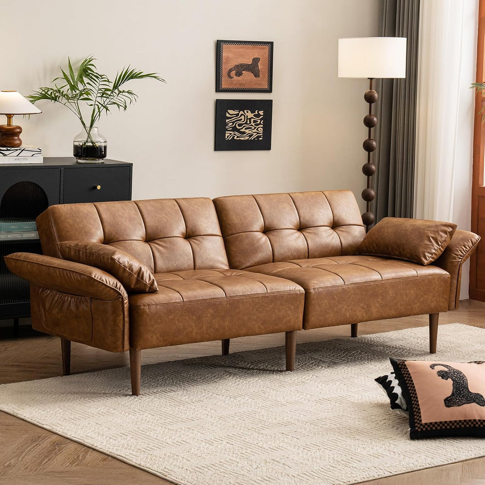 HALLYBEE 85" Futon Faux Leather Couch with Adjustable Armrests Brown | F...