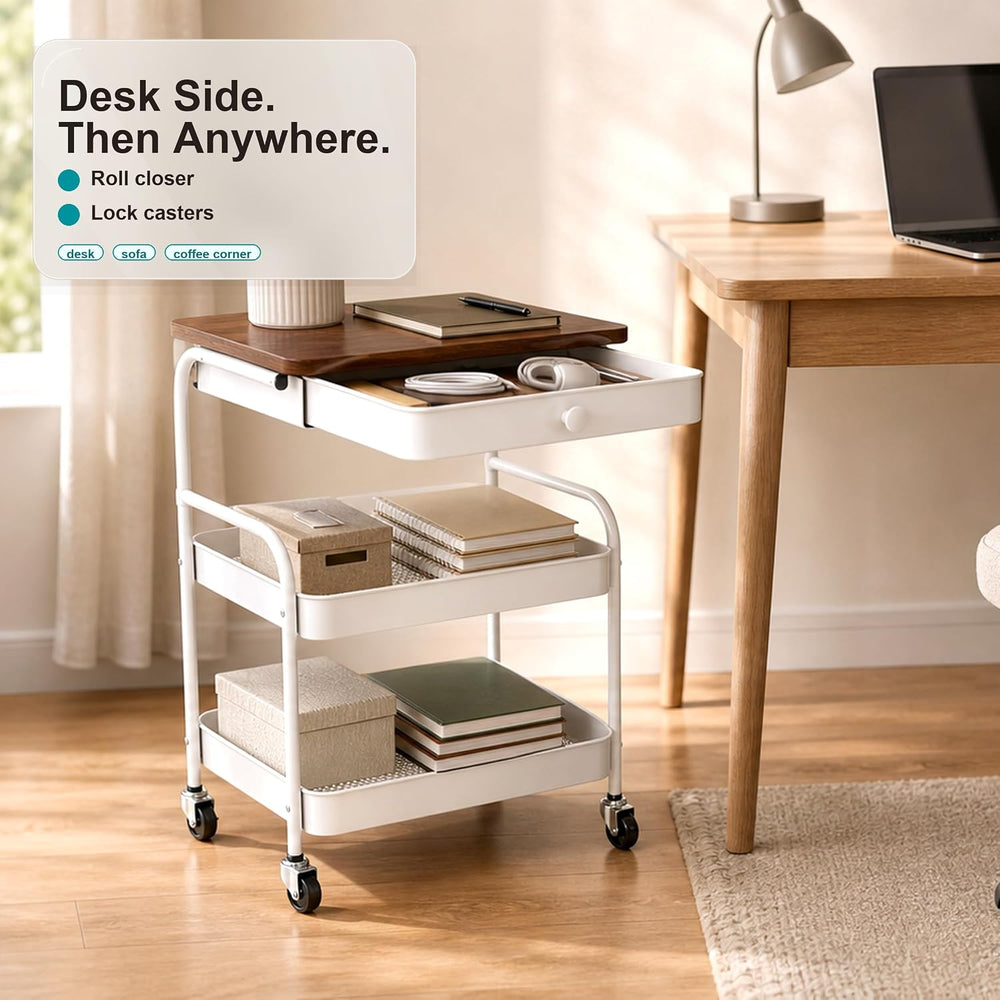 3 Tier Rolling Cart with Hidden Drawer and Wood Top, Small Space Storage Cart...