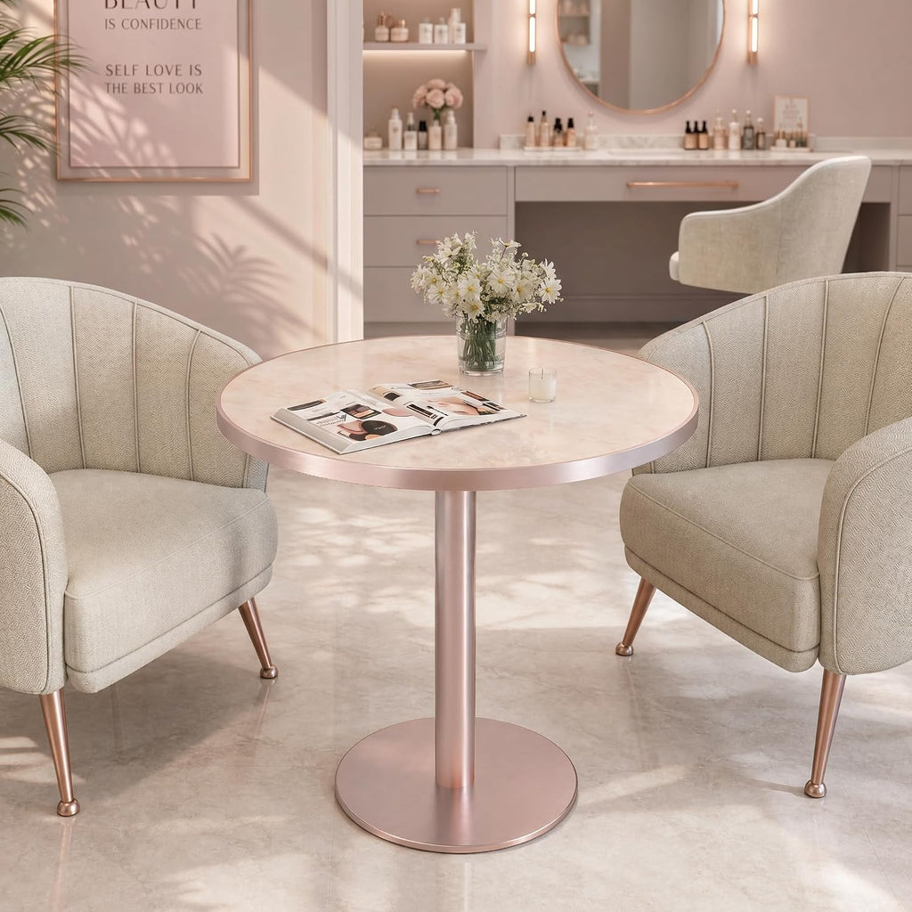 31.5'' Tulip Table, Round Dining Table with Glossy Sintered Stone Tabletop | Rose Gold Aluminum Alloy Edge & Pedestal, Small Bistro Table for Dining Room/Café/Small Spaces/Restaurant (Blush Onyx)