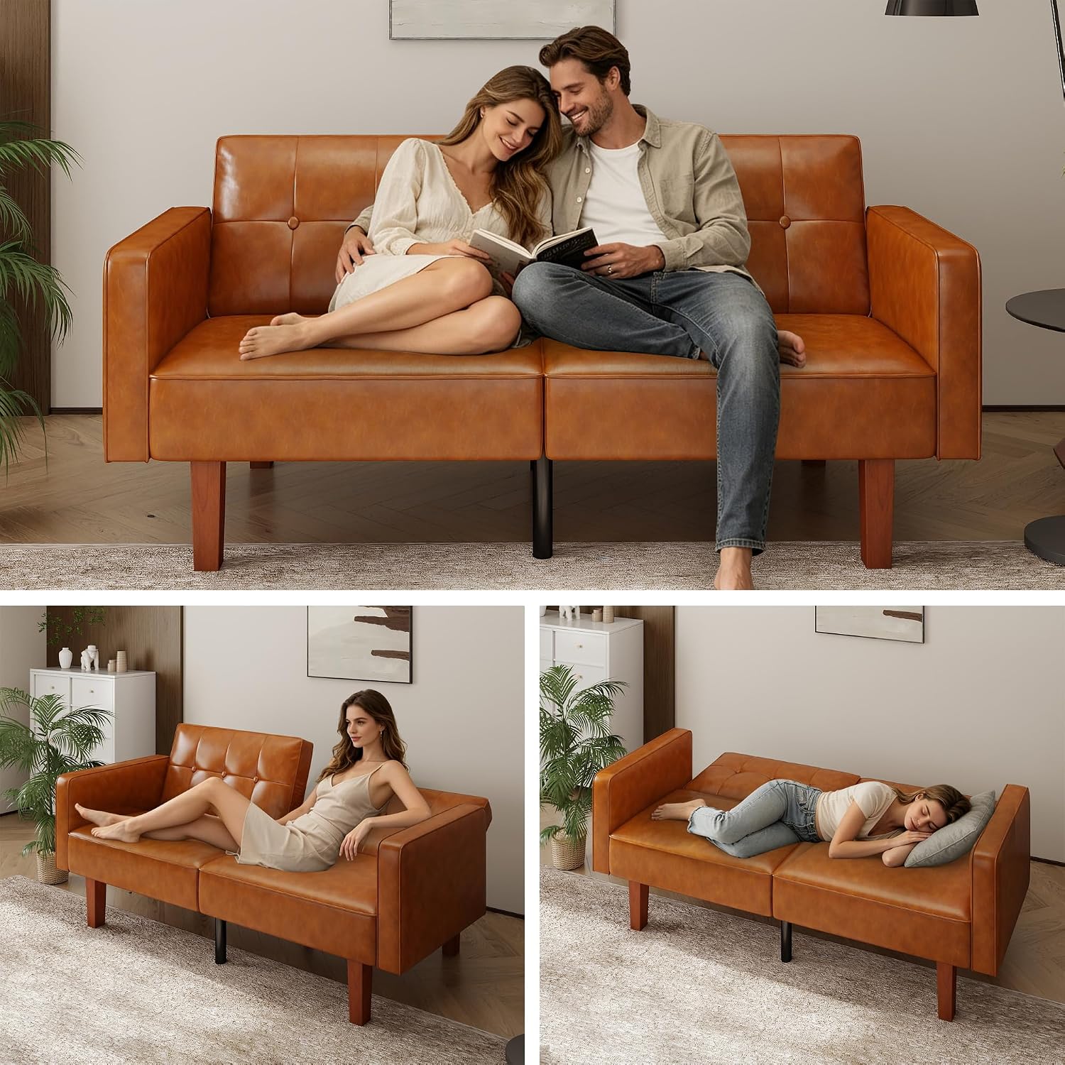 PU Leather Brown Futon Sofa Bed with Split Back,Mid Century Modern Convertible Sleeper Couch Beds,68.11" Tufted Loveseat Futons for Living Room RV, Small Spaces