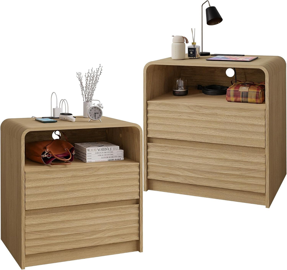 Fluted Nightstand with Charging Station, 23.6'' Wide Morden End Table...