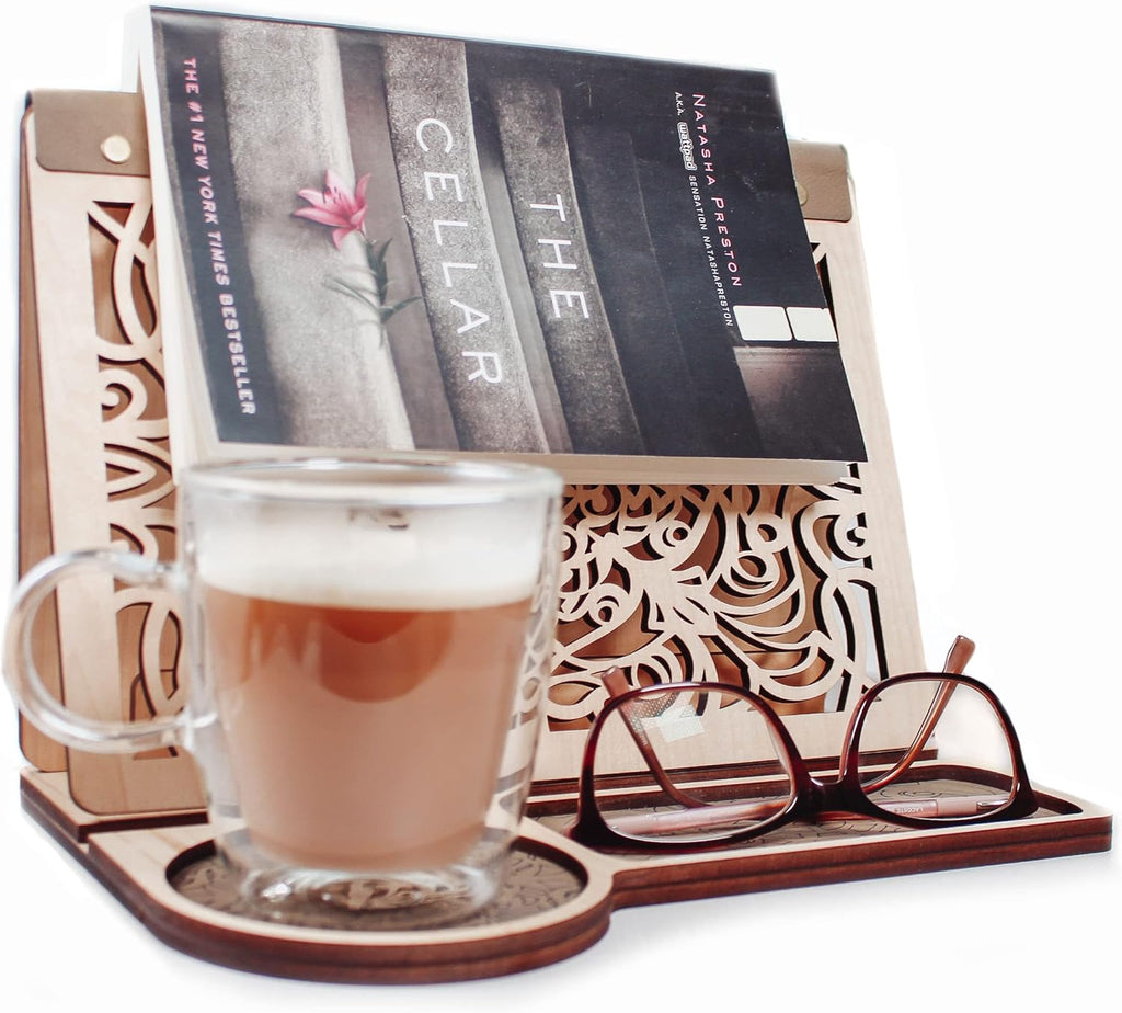 Book Nook Reading Valet Stand with Coffee Cup Mug Glasses Cell Phone Holder, Wood Triangle Book Rest and Page Saver for Bedside Nightstand, Gift Idea for Book Lovers, Handmade Wooden Book Accessories