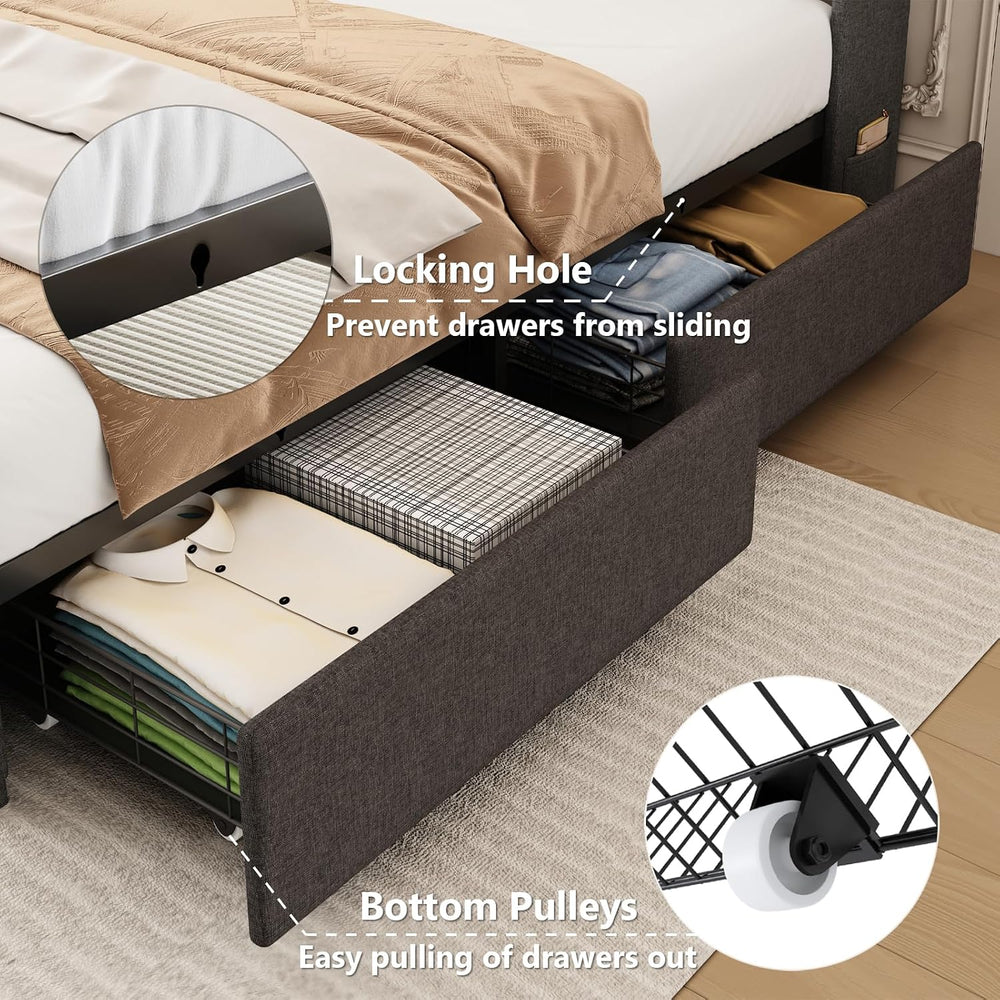 Queen Bed Frame with 4 Storage Drawers, LED Bed Frame with Charging Station, ...