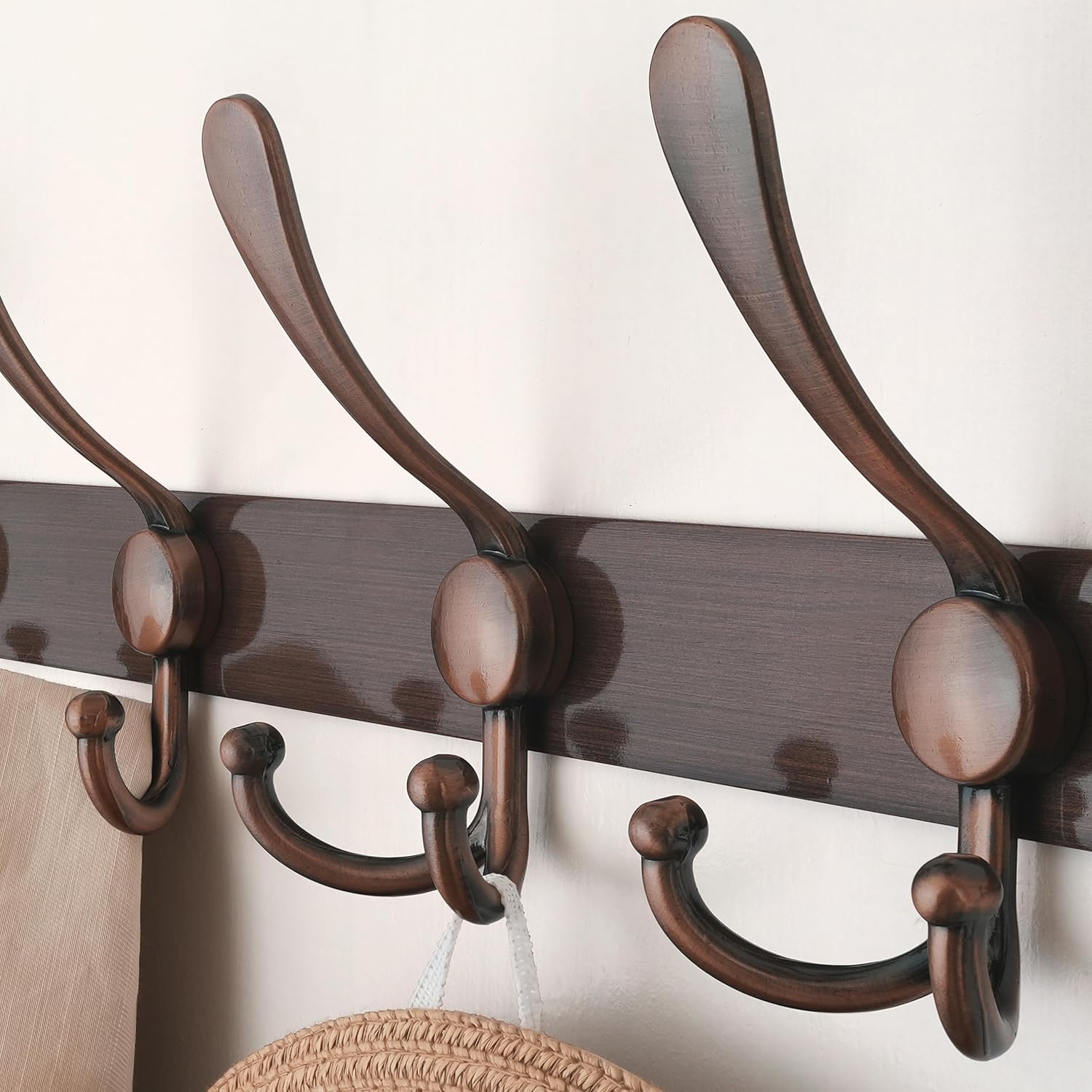 Dseap Coat Rack Wall Mount - 29.5” Long 8-Tri-Hooks Heavy Duty Coat Hanger Rail Wall Hooks for Hanging Coats Hats Clothing Clothes Purse Mudroom Entryway, Red Antique Copper