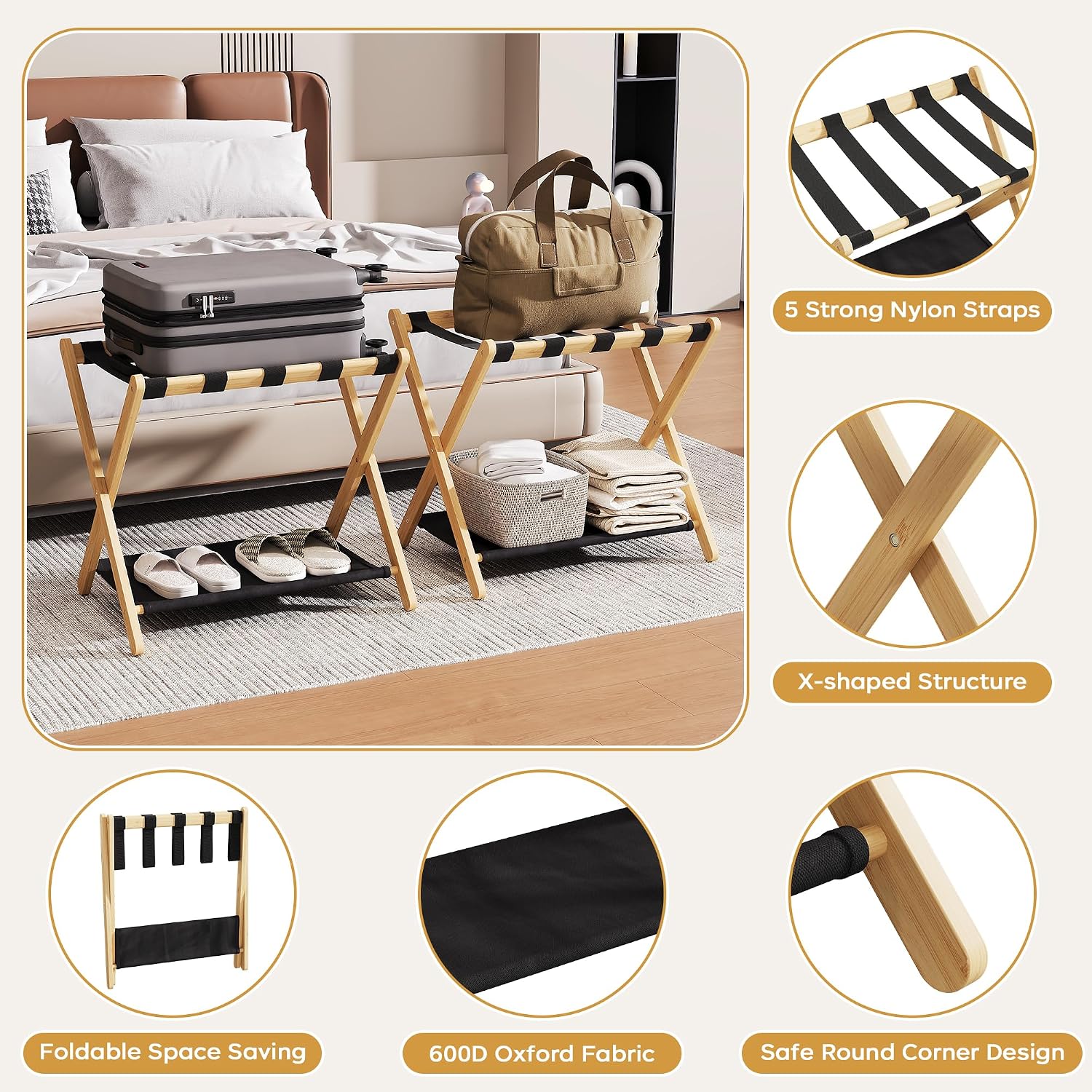 26.77" Full Assembled Luggage Rack for Guest Room, Set of 2 Bamboo Foldable Suitcase Stand, Bedroom & Hotel, Folding Luggage Holder with 5 Nylon Straps, 600D Oxford Fabric Shelf Natural Wood