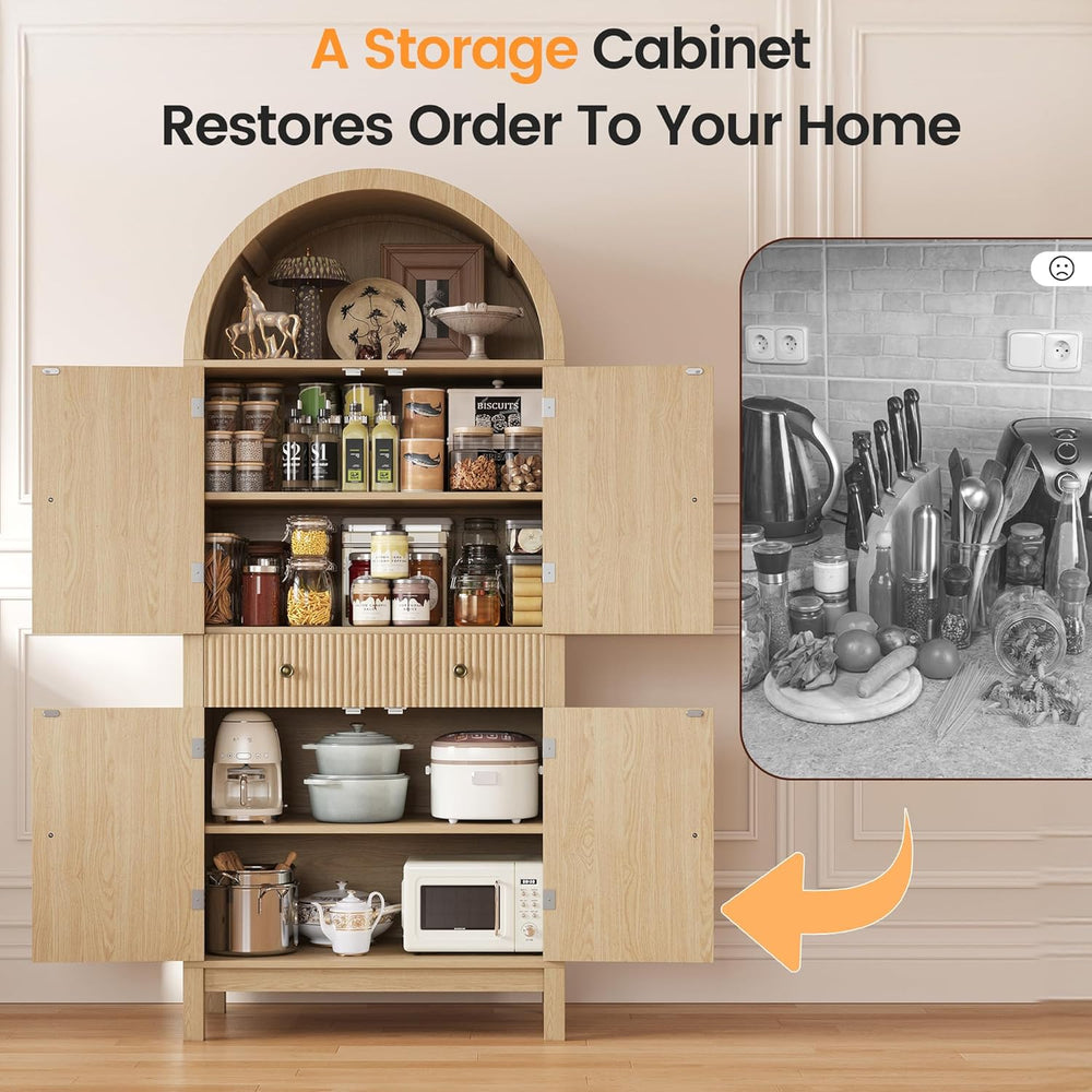 Apicizon 70" Tall Arched Kitchen Pantry Cabinet, 6-Tier Modern Fluted Wo...