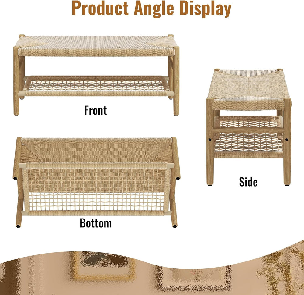 Recaceik Indoor Entryway Bench with Paper Cord Ottoman & Grid Storage Rac...