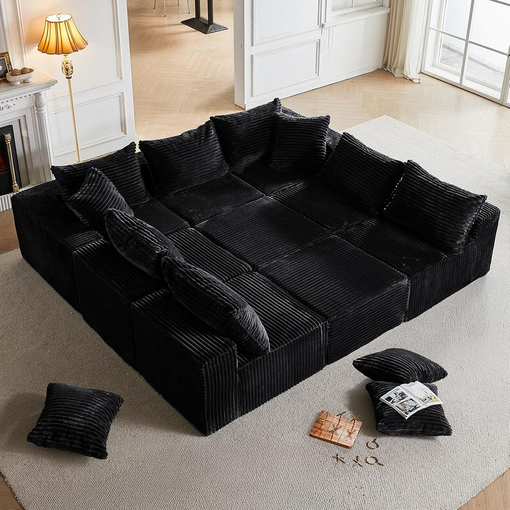Sleeper Sofa 9 Seater Boneless Couch Modular Sectional Sofa | Cloud Couch Sectional Couches for Living Room, U Shaped Couches with Ottomans No Assembly Required, Black