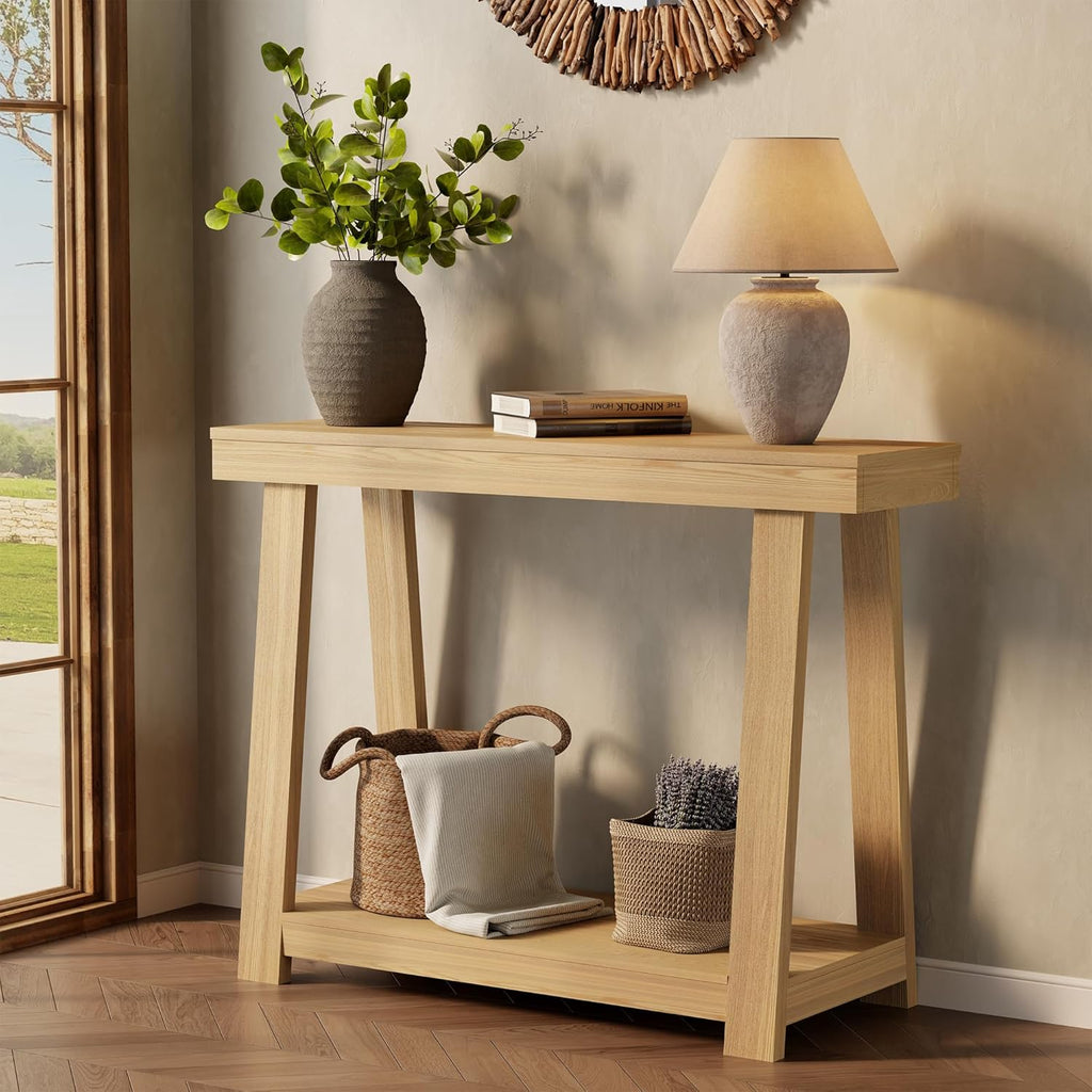 43.5" Narrow Console Table, 500LB 2-Tier Wood Grain Entryway Table, 15-Min Easy Assembly for Hallway, Foyer, Small Apartment & Bedroom, Oak
