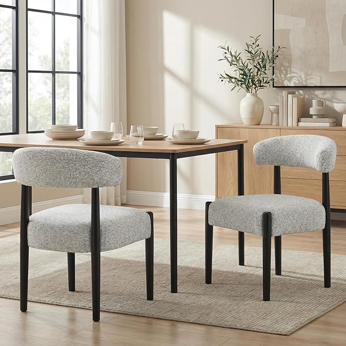 VKNOW Wooden Dining Chairs Set of 2, Modern Upholstered Dining Room Chairs with Black Rubberwood Legs and Curved Backrest, Fabric Kitchen Chairs for Dining Room, Heathered Off-White(Black Legs)