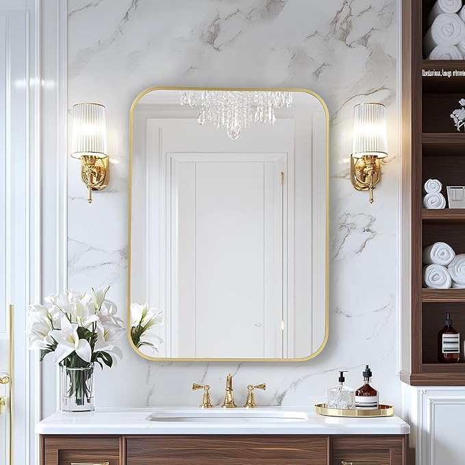 MZON 22x30 Inch Brushed Gold Vanity Mirror, Rectangle Bathroom Mirrors for Ov...