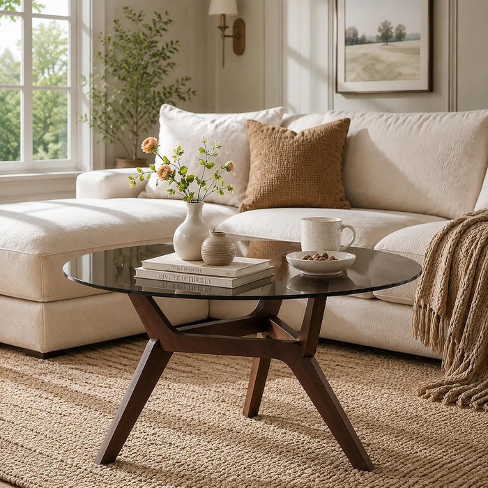 Vlsrka Round Glass Coffee Table, Soild Wood Base, 31.5" W, Walnut
