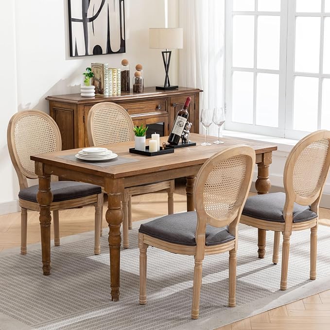 French Country Dining Chairs Set of 4, Gray Kitchen & Dining Room Chairs Set of 4, Rattan Dining Chairs, Cane Back, Wood Legs, Sillas De Comedor (Rattan, Grey, 4Pcs)