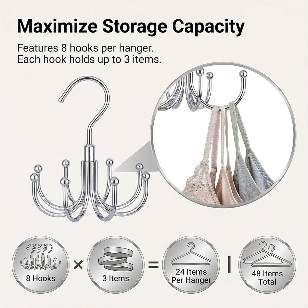 Rotatable Belt Hanger & Bra Organizer for Closet, 2 Pack Space Saving Multi-Purpose Hanging Holder for Tank Tops, Ties, Scarves, Max 48 Storage Capacity Metal Closet Organizers, Silver