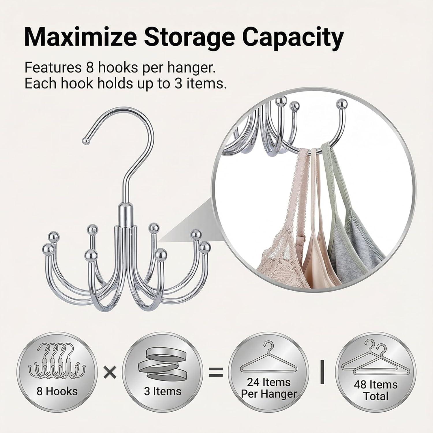 Rotatable Belt Hanger & Bra Organizer for Closet, 2 Pack Space Saving Multi-Purpose Hanging Holder for Tank Tops, Ties, Scarves, Max 48 Storage Capacity Metal Closet Organizers, Silver