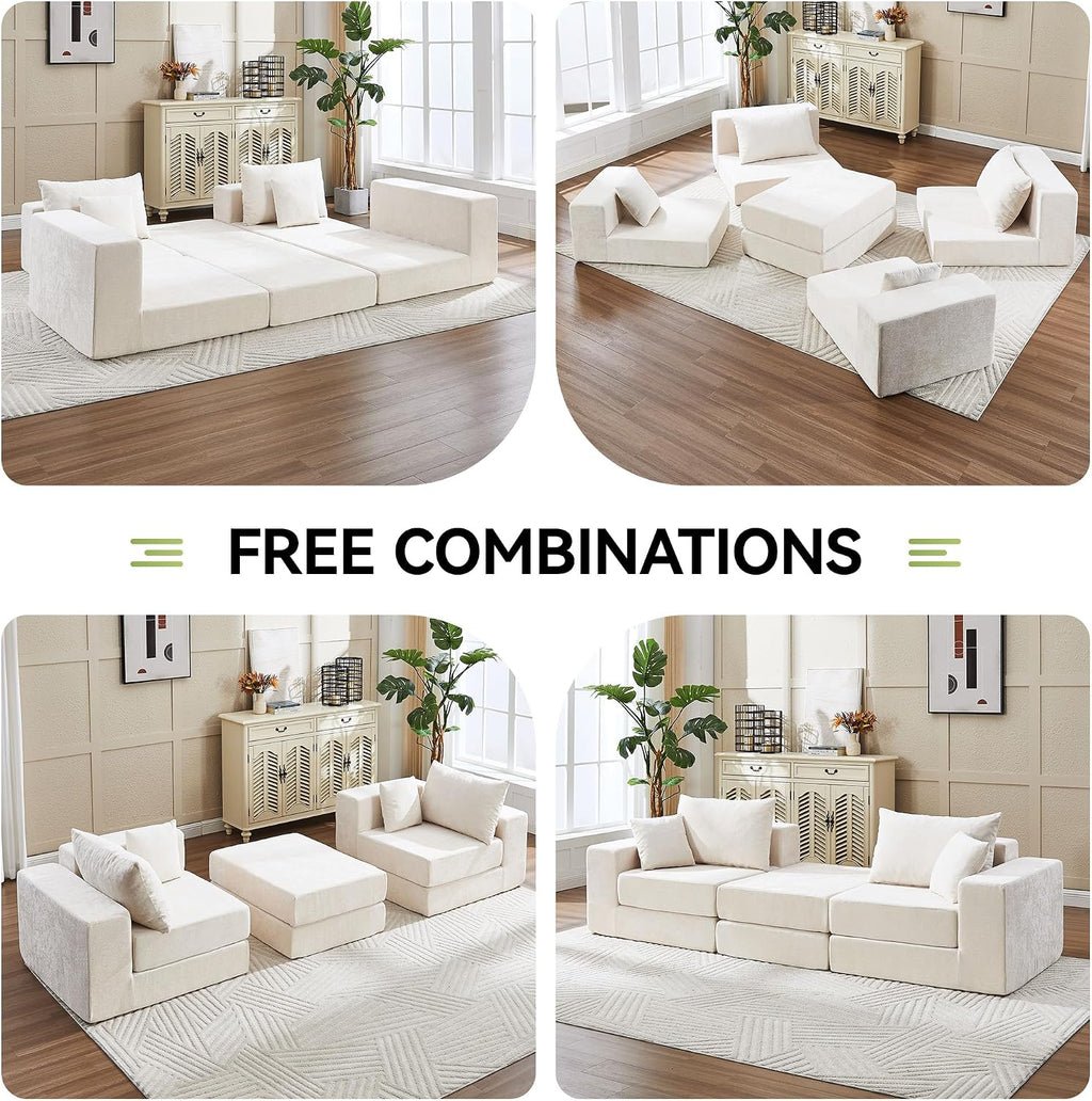 79" Boneless Cloud Loveseat Sofa Couch, Modular Foldable Floor Sofa with Ottoman, Chenille Lounge Convertible Sofa Bed for Living Room, No Assembly, Beige