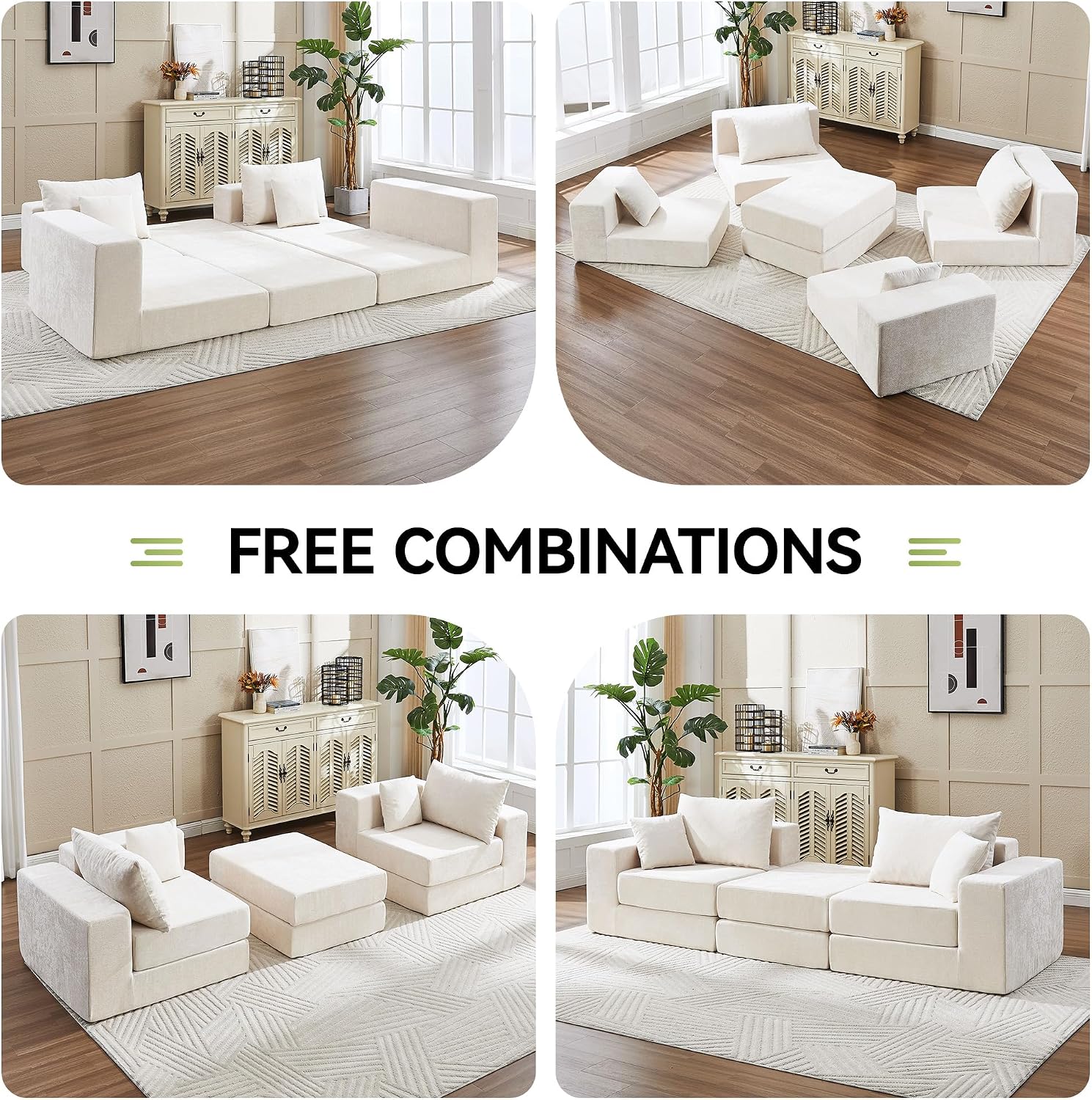 79" Boneless Cloud Loveseat Sofa Couch, Modular Foldable Floor Sofa with Ottoman, Chenille Lounge Convertible Sofa Bed for Living Room, No Assembly, Beige