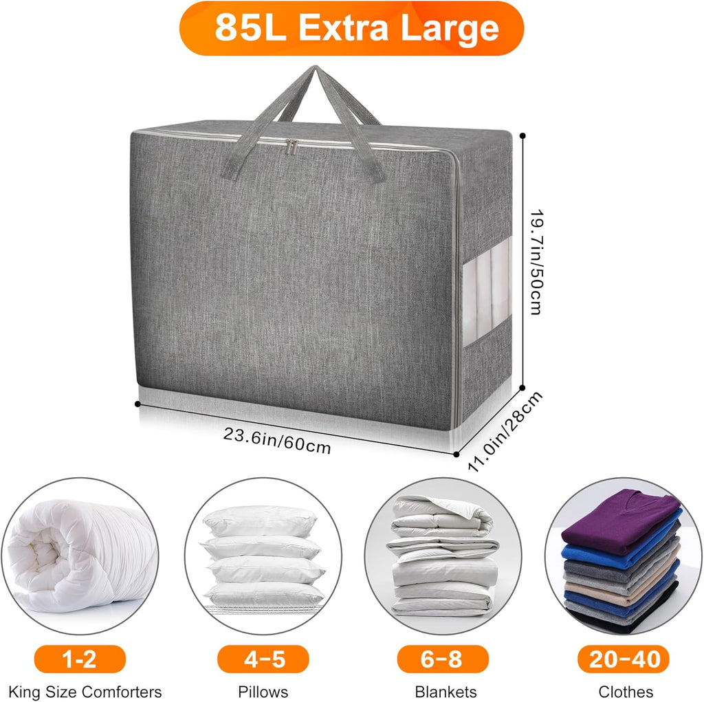 3 Pack 85L Comforter Storage Bags, Extra Large Bedding Storage Bags with Sturdy Zipper and Reinforced Handle, Clear Window, Moving Closet Organizers for Comforters and Blankets, Pillows