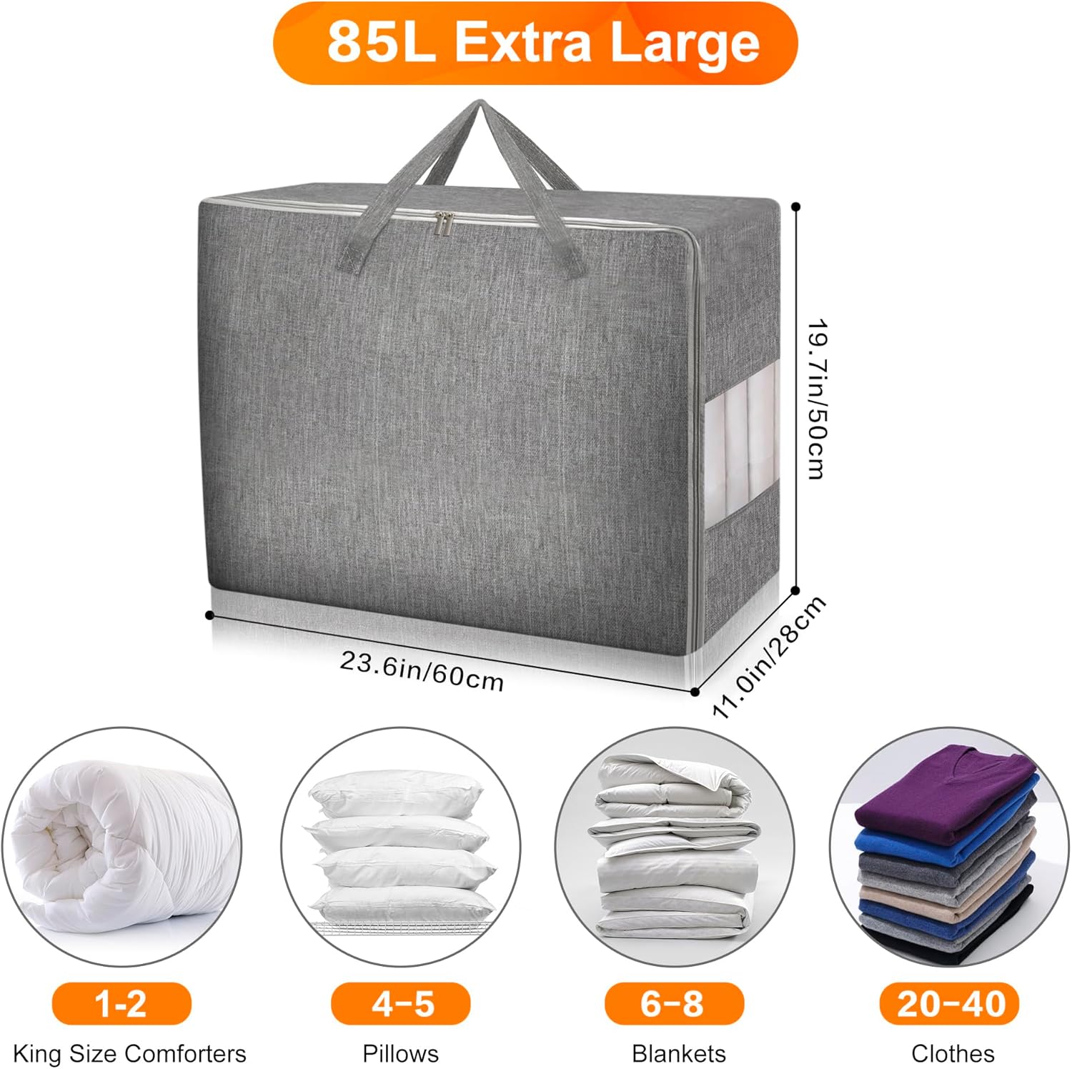 3 Pack 85L Comforter Storage Bags, Extra Large Bedding Storage Bags with Sturdy Zipper and Reinforced Handle, Clear Window, Moving Closet Organizers for Comforters and Blankets, Pillows