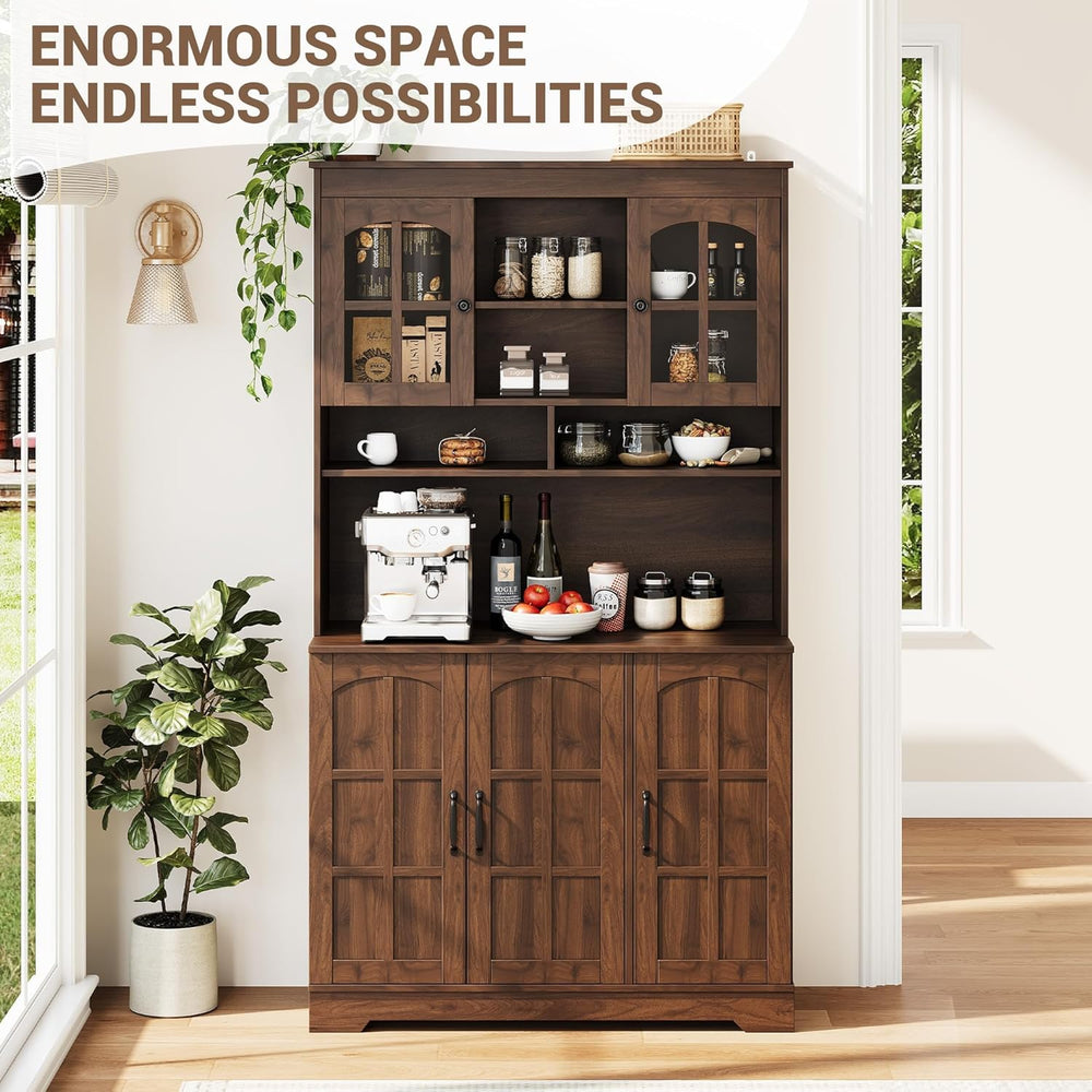 70.9" Tall Kitchen Pantry Cabinet with Glass Doors and Hutch, Freestandi...