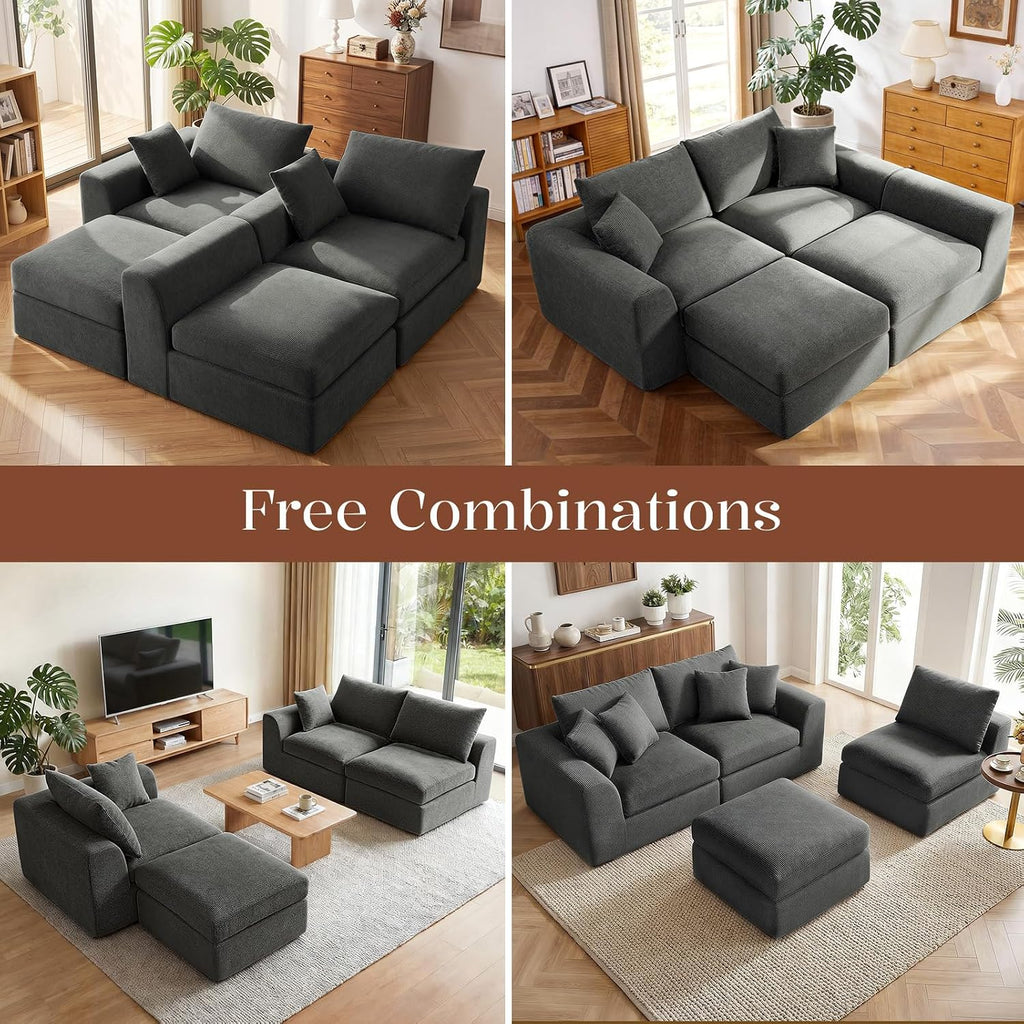 Benazcap 110'' Cloud Couch, L-Shaped Boneless Couch, Dark Grey | 3-Seat Sectional Couches for Living Room, Modular Sofa with Movable Ottoman, Deep Seat, Thick Cushion