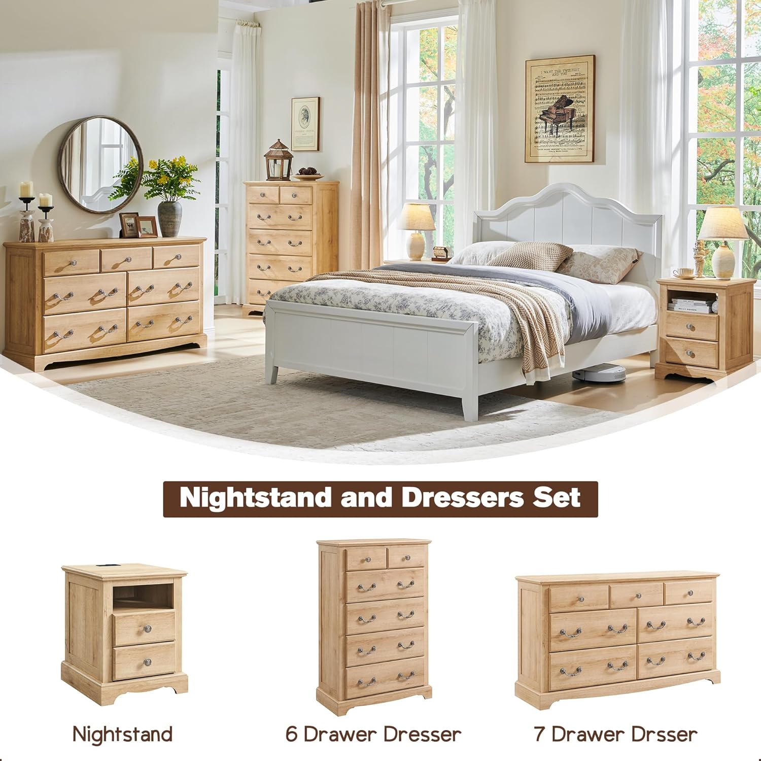 T4TREAM 7 Drawers Dresser Chests for Bedroom, Wood Vintage Chests of Drawers, Rustic Dressers Chset Organizer for Bedroom, Living Room, Hallway, Natural Oak
