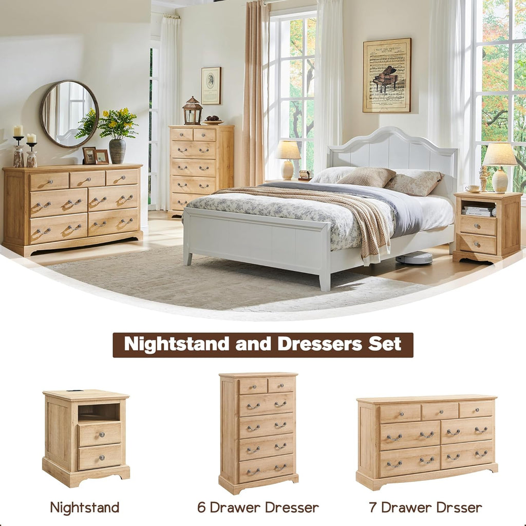 T4TREAM Nightstand with Charging Station, 18 Inch Vintage End Table with 2 Drawers, Wood Rustic Sofa Side Table with Open Storage Shelf for Bedroom, Living Room, Natural Oak