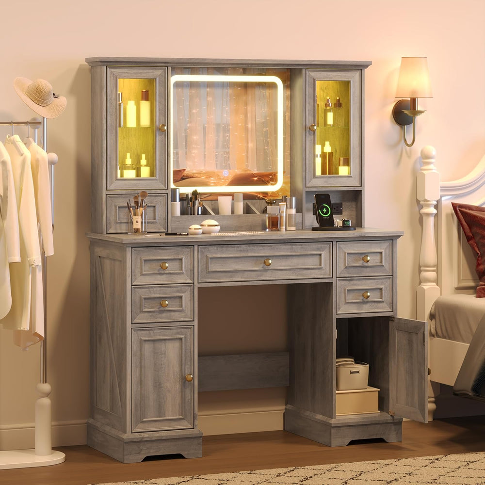 HUANLEGO Farmhouse Makeup Vanity Desk with Mirror and LED Lights, Grey | Vani...