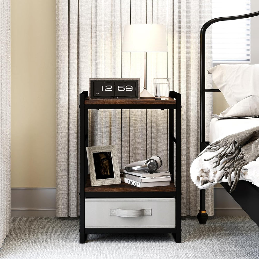 Giantex Industrial Nightstand with Storage Drawer, Rustic Bedside Table with ...