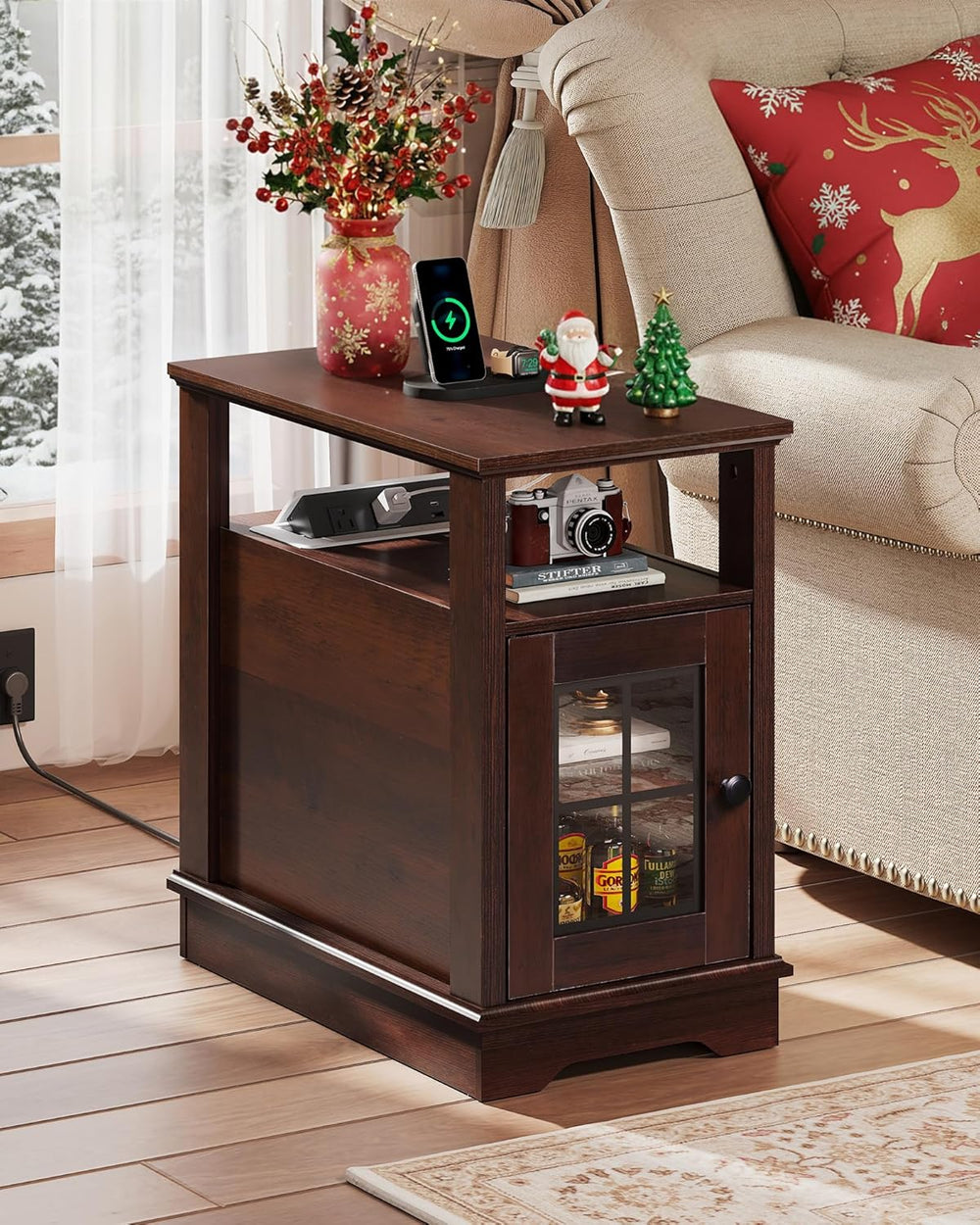 WLIVE Farmhouse End Table with Charging Station, Narrow Side Table with Stora...