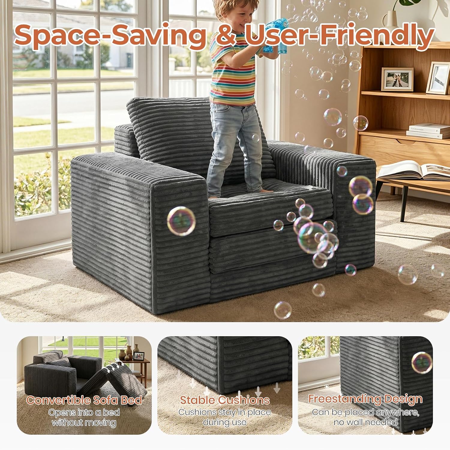 45" Boneless Sleeper Chair Bed, Fold Out Floor Sofa, Corduroy | Boneless Design, 2-in-1 Sleeper Chair, High-Density Foam, Soft Corduroy, No Assembly, Non-Slip Bottom