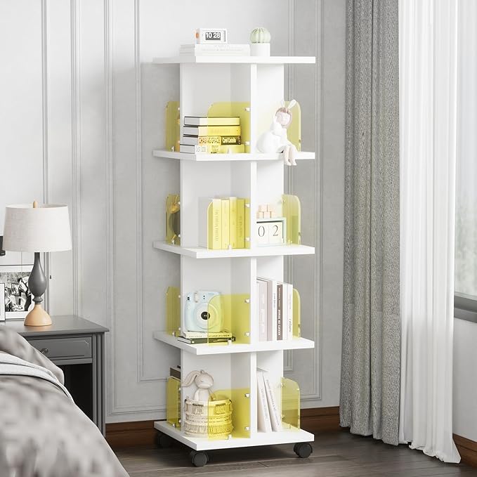 VECELO 4-Tier Rotating Bookshelf, Modern Swivel Bookcase, Vintage Book Shelf for 360° Display, Stackable Shelves Floor-Standing Storage for Home Office, Solid Wood, Smooth Spinning, White