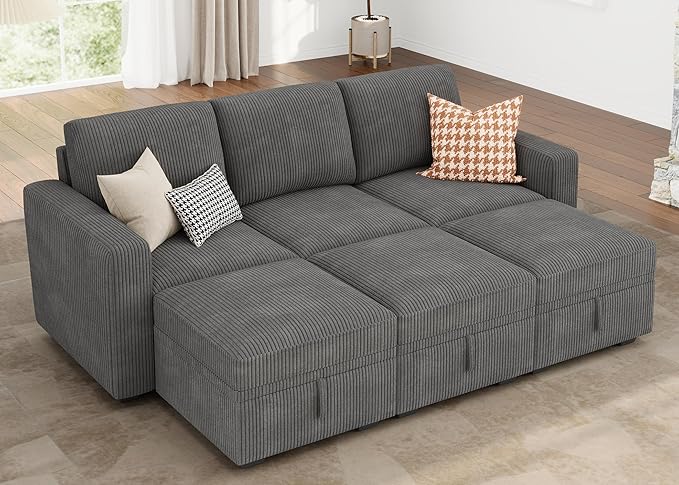HONBAY Modular Sectional Sleeper Sofa Bed, Pull Out Couch with Storage Ottoman, U Shaped Sectional Couches for Living Room, Dark Grey