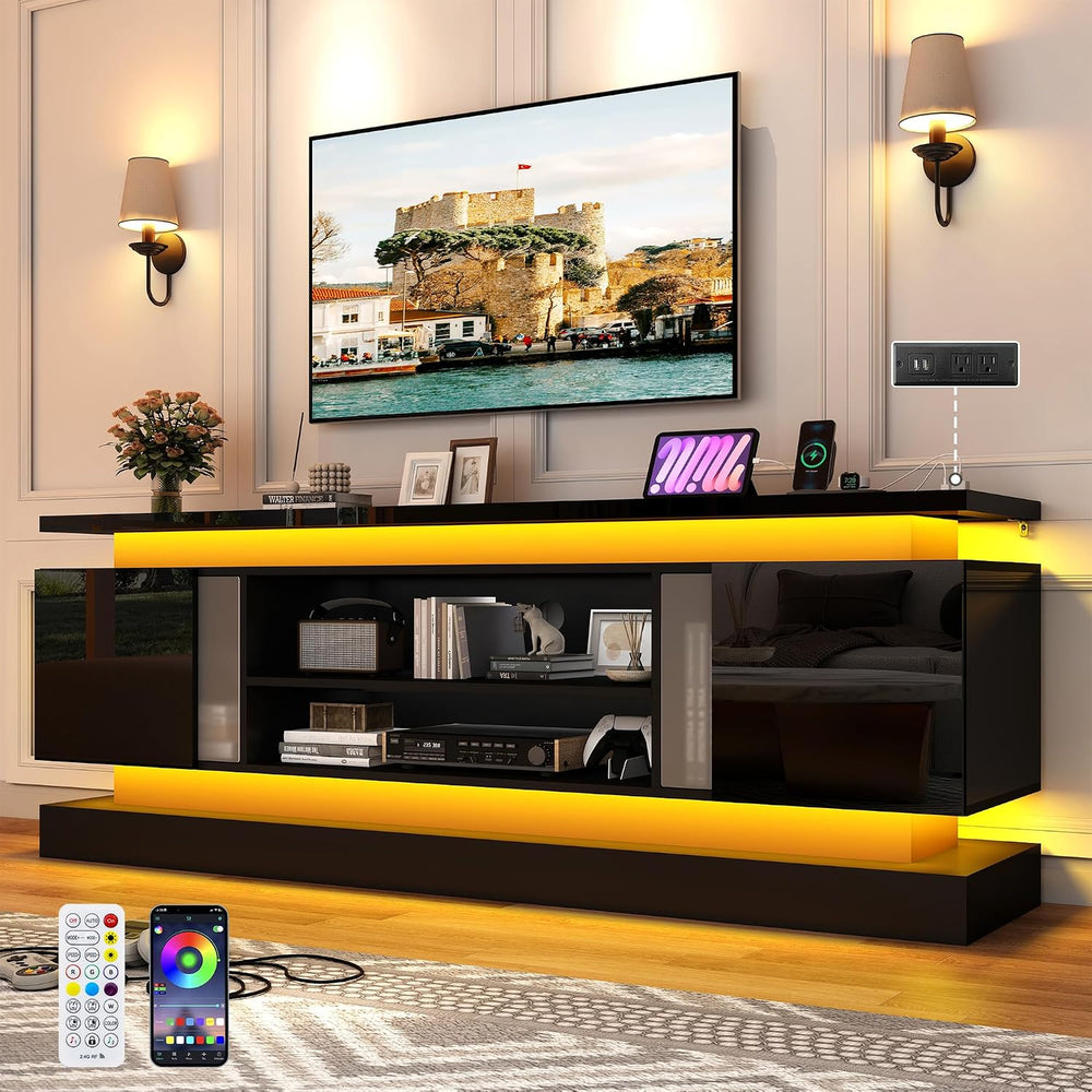 St.Mandyu 71" 2 LED TV Stand for TVs 85 inch,High Gloss Gaming Tall Ente...