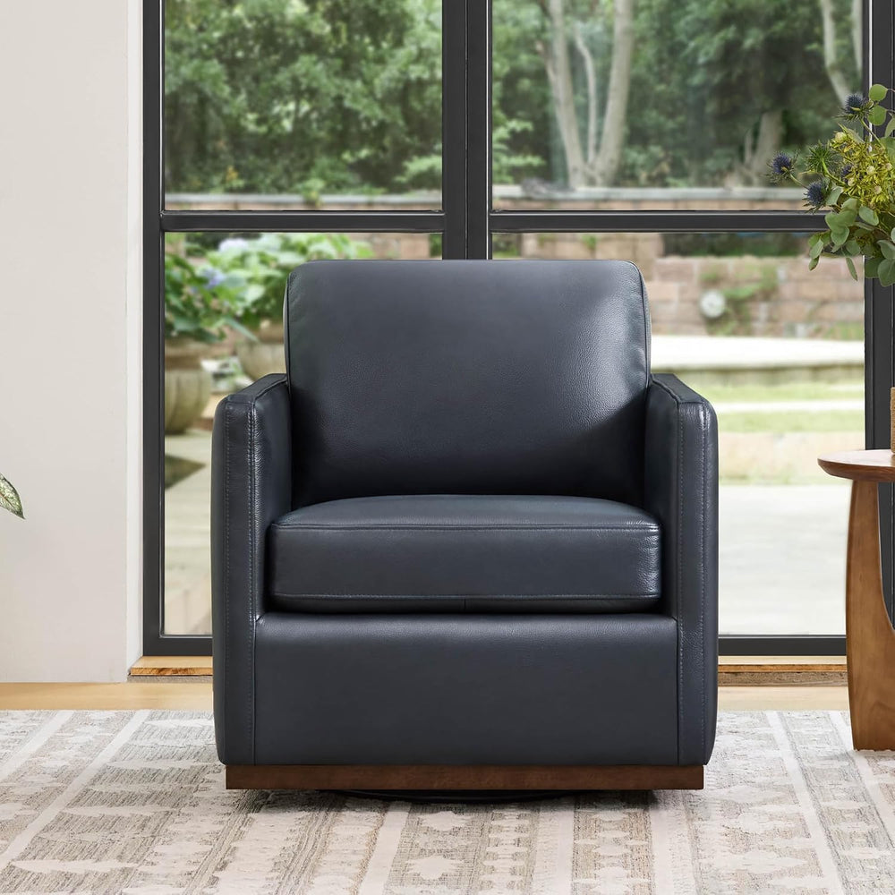 CHITA Genuine Leather Swivel Chair, Wood Frame, Fully Assembled, Navy
