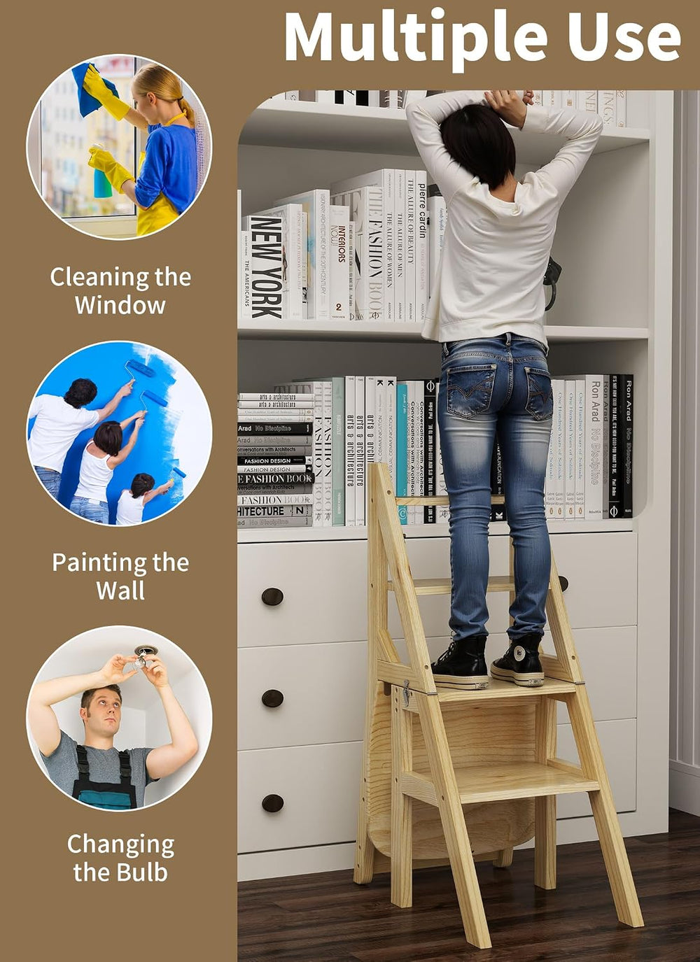 Baoz 3-in-1 Wooden Library Ladder, 4 Tier Folding Ladder, Convertible Step St...