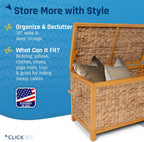 Click365 Wilson Wicker Storage Trunk with Lid, 30 Inch Handwoven Water Hyacinth Storage Chest with Acacia Wood Frame, Farmhouse Blanket Basket for Living Room, Bedroom or Entryway, Natural Brown