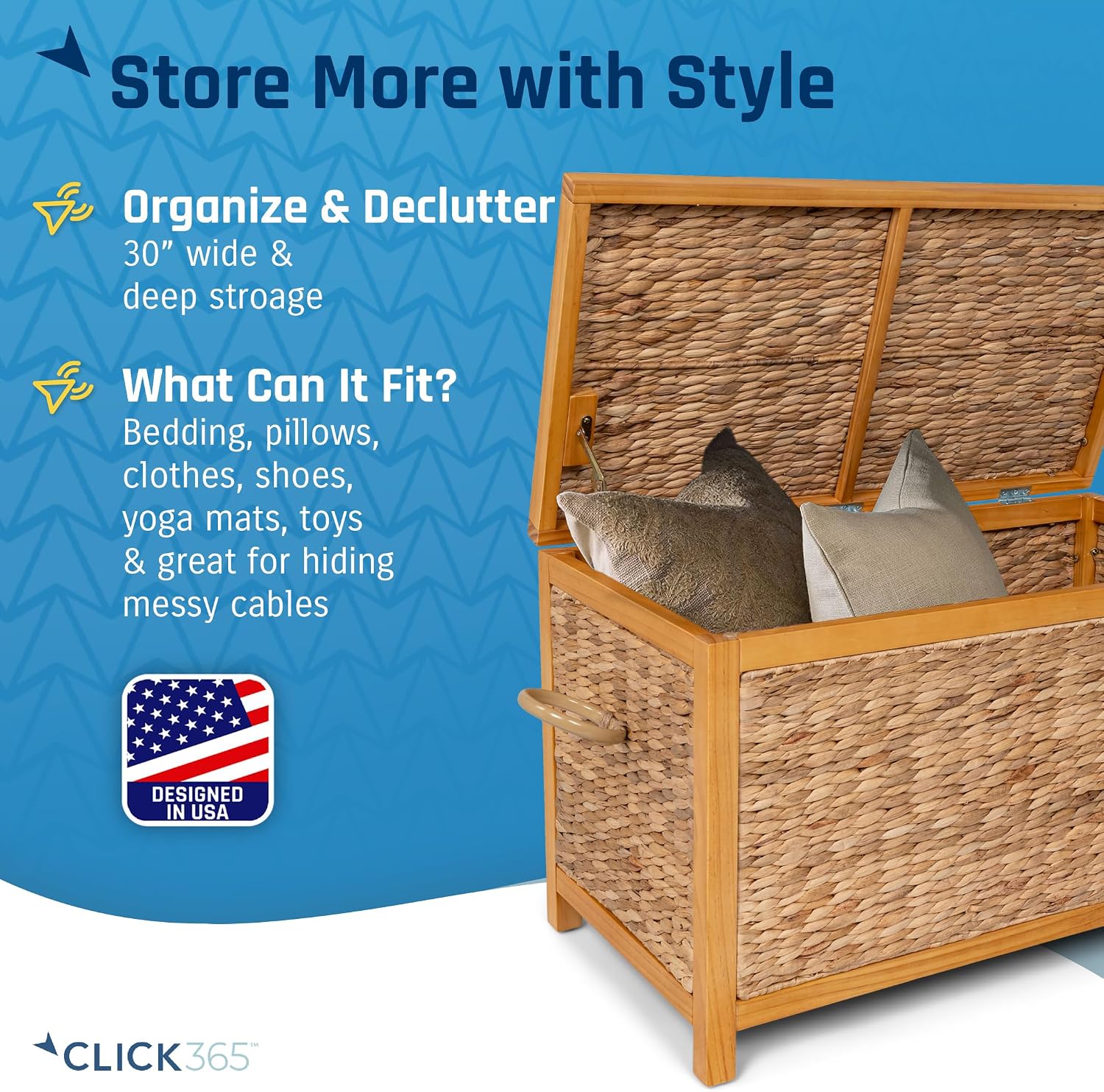 Click365 Wilson Wicker Storage Trunk with Lid, 30 Inch Handwoven Water Hyacinth Storage Chest with Acacia Wood Frame, Farmhouse Blanket Basket for Living Room, Bedroom or Entryway, Natural Brown