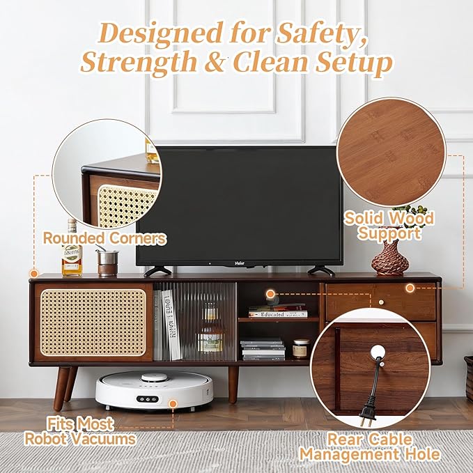 Tiita Rattan TV Stand for 55 65 Inch TV, Bamboo TV Cabinet with 2 Drawers, Boho Entertainment Center with Adjustable Shelf, Mid Century Modern Media Console for Bedroom, Living Room, Walnut