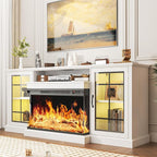 oneinmil 80'' Fireplace TV Stand with 3-Sided Glass, TV Cabinet for TVs up to 85", 80'' Modern Media Entertainment Center with Farmhouse Glass Door Storage Cabinets